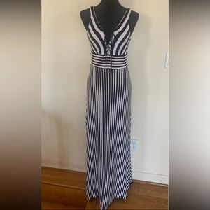 BEBE Womens Black White Striped Lace Up Front V-Back Long Summer Maxi Dress Sz M